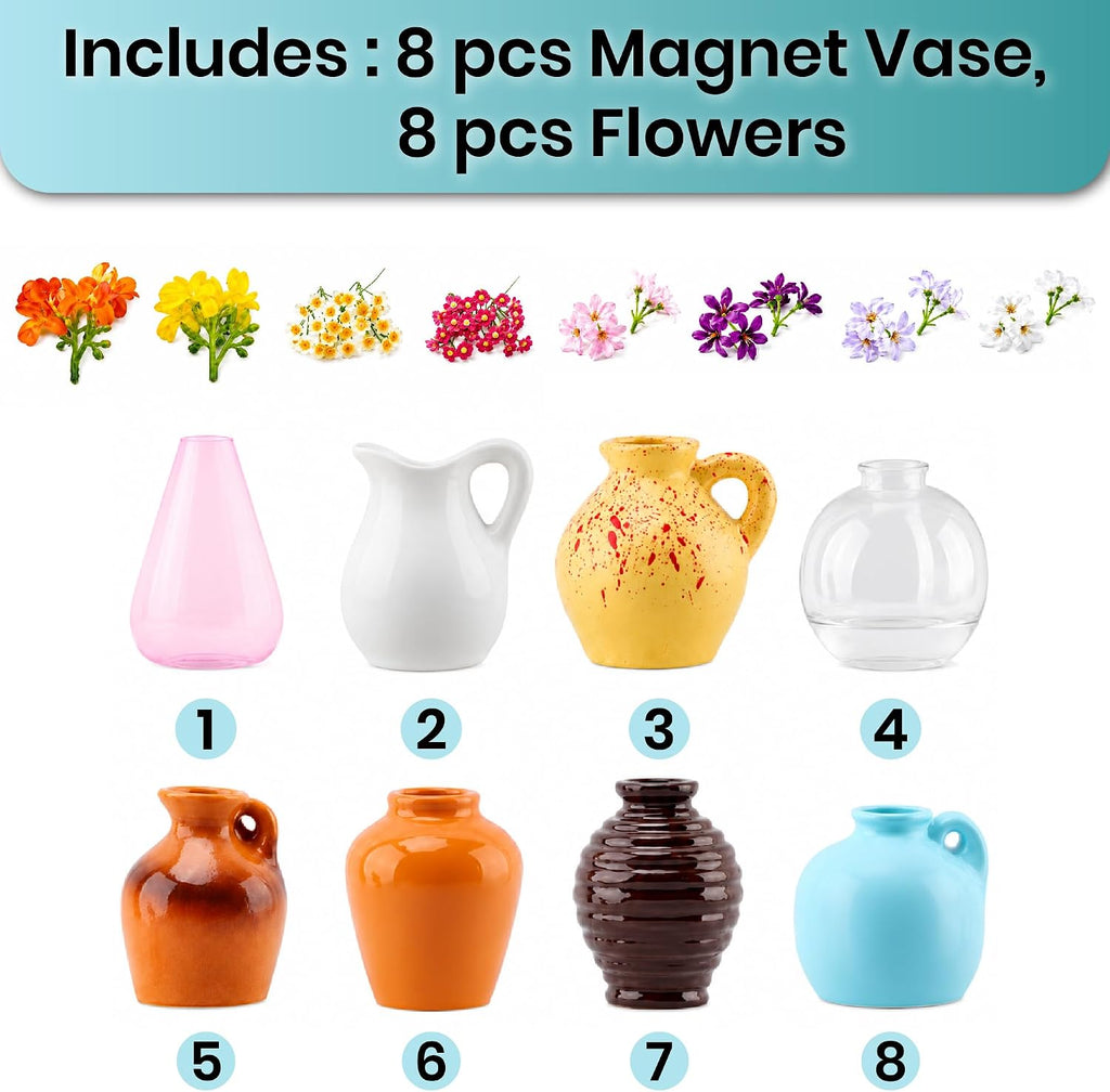 8 Pcs Refrigerator Magnets with Flowers- Cute Mini Ceramic Vase Fridge Magnets with Artificial Flowers, Funny Tiny Vase Magnet for Fridge Decorative, Office, Kitchen, Locker, Whiteboard