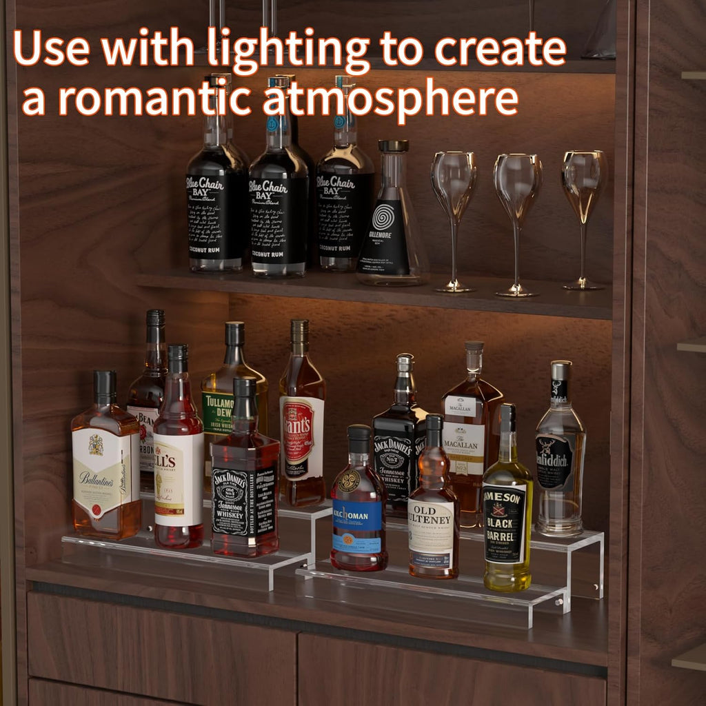 JUESHA 2 Tiers Bar Shelves for Liquor Bottles, 15" Bar Organizer for Countertop, Clear Acrylic Risers Display Racks Stands for Figures Pops Cupcake Perfume Collections (Patent: D1076520S)