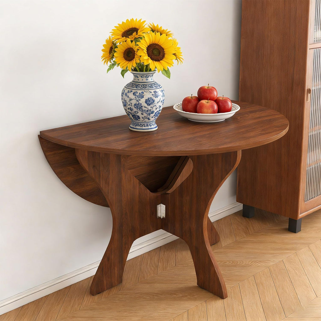 Round Dinning Table for 2-4, Foldable Kitchen Dining Room Table 43.3 Inches Circle Walnut Finish Dinner Tables for Kitchen, Dining Room, Living Room