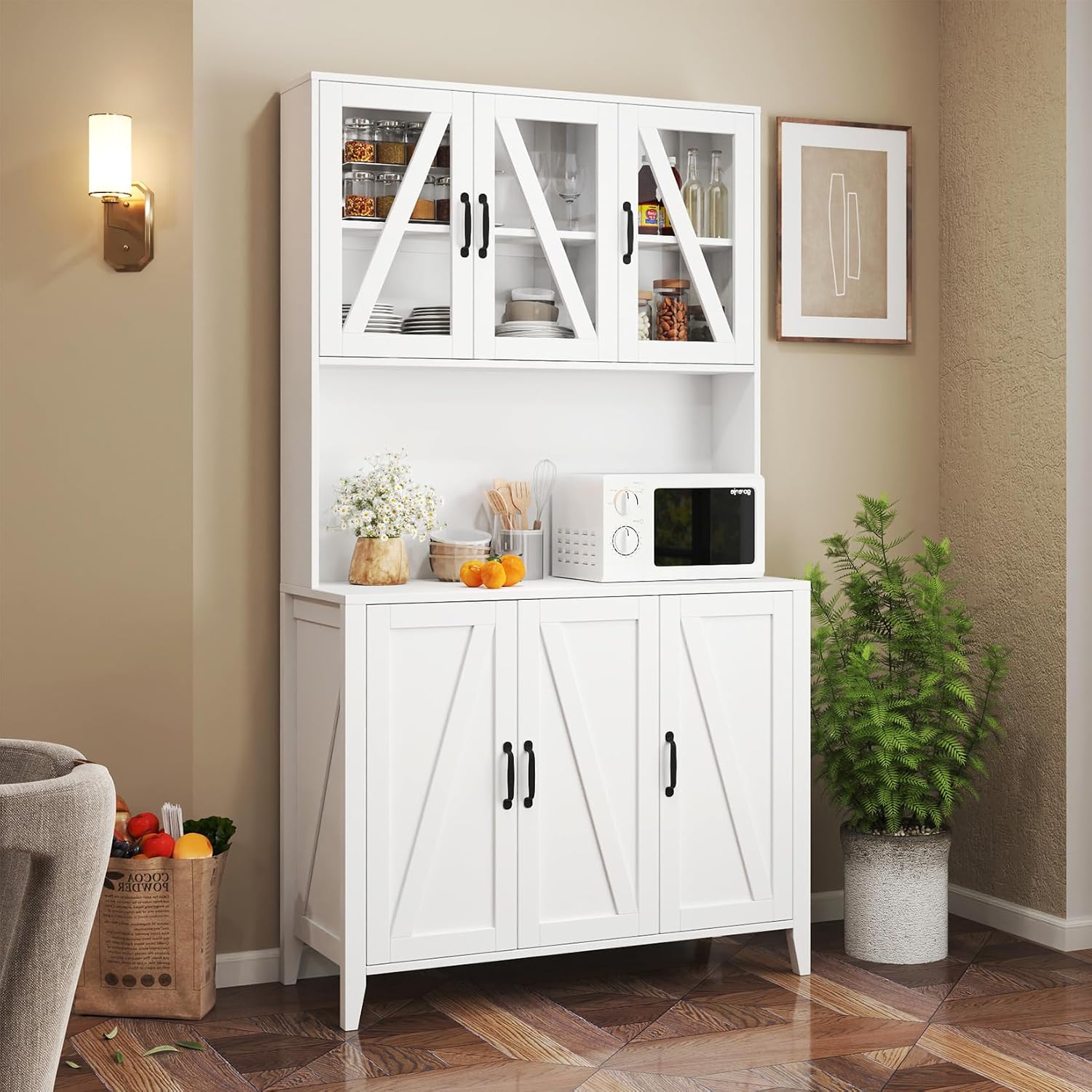 70.87" Kitchen Pantry Cabinet, 39.37" W Kitchen Hutch with Microwave Stand, Wooden Buffet Cabinet with Glass Doors Freestanding Kitchen Cupboard Buffet Cabinet for Kitchen Dining Room, White