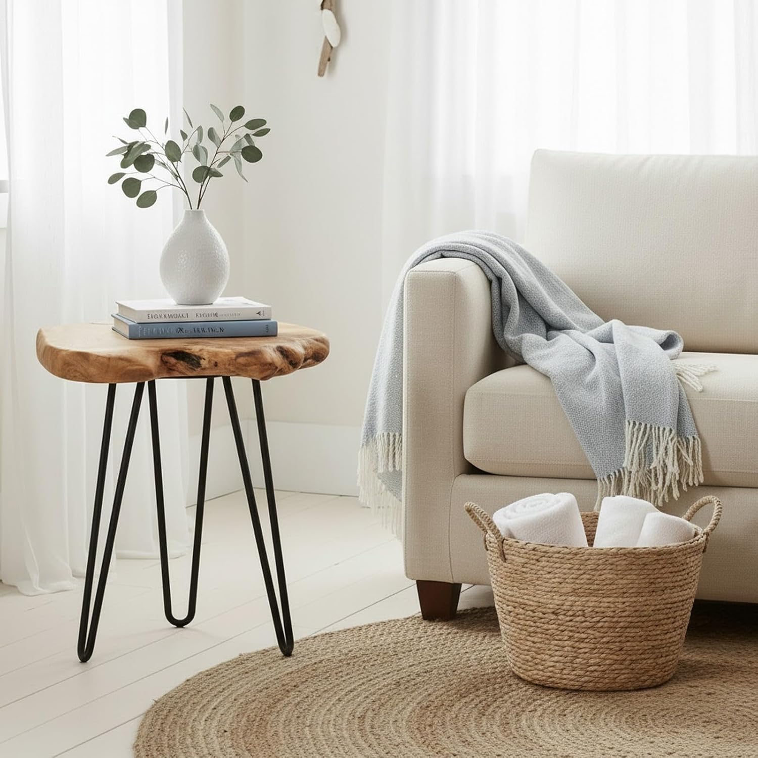 WELLAND Live Edge Side Table with Hairpin Legs, Natural Edge Side Table, Small Nightstand Wood, 15.5" Tall