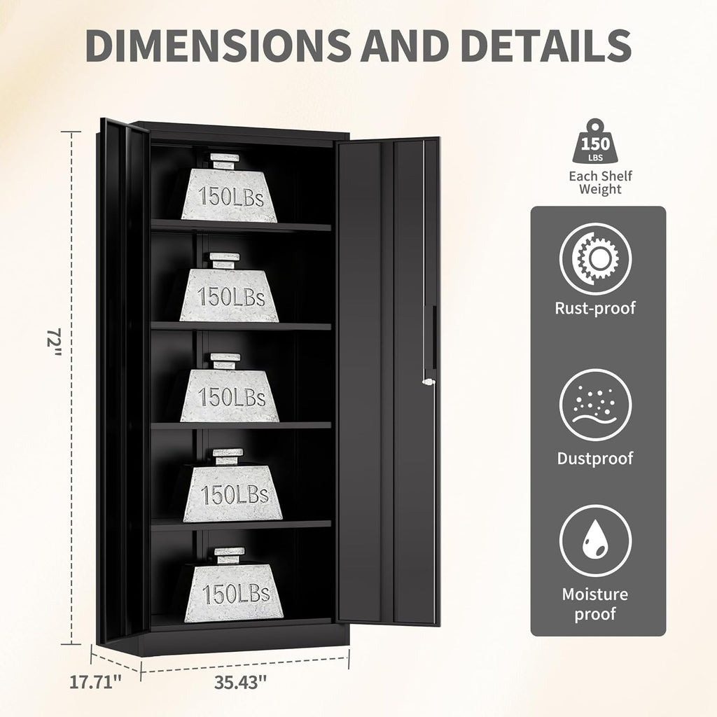 Metal Storage Cabinet with 2 Doors and 4 Shelves, 72" H Metal Cabinet with Lock, Steel Locking File Cabinet, Lockable Storage Cabinet, Tool Cabinet for Home, Office,Garage, School, Black