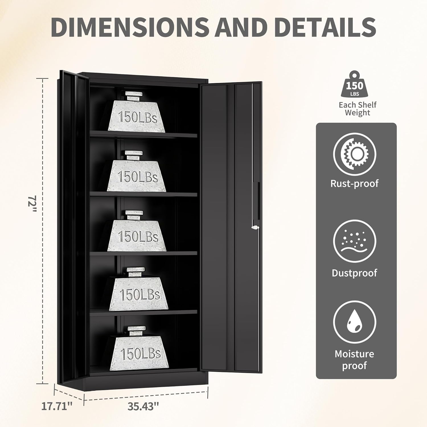 Metal Storage Cabinet with 2 Doors and 4 Shelves, 72" H Metal Cabinet with Lock, Steel Locking File Cabinet, Lockable Storage Cabinet, Tool Cabinet for Home, Office,Garage, School, Black