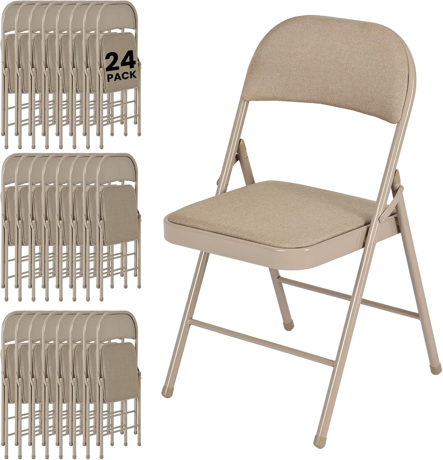 24 Pack Folding Chairs, Fabric Dining Chair Set with Padded Cushion and Back, Indoor Outdoor Seat for Home Office, Parties, Events, Wedding, Extra Guest Seating, Desert Khaki