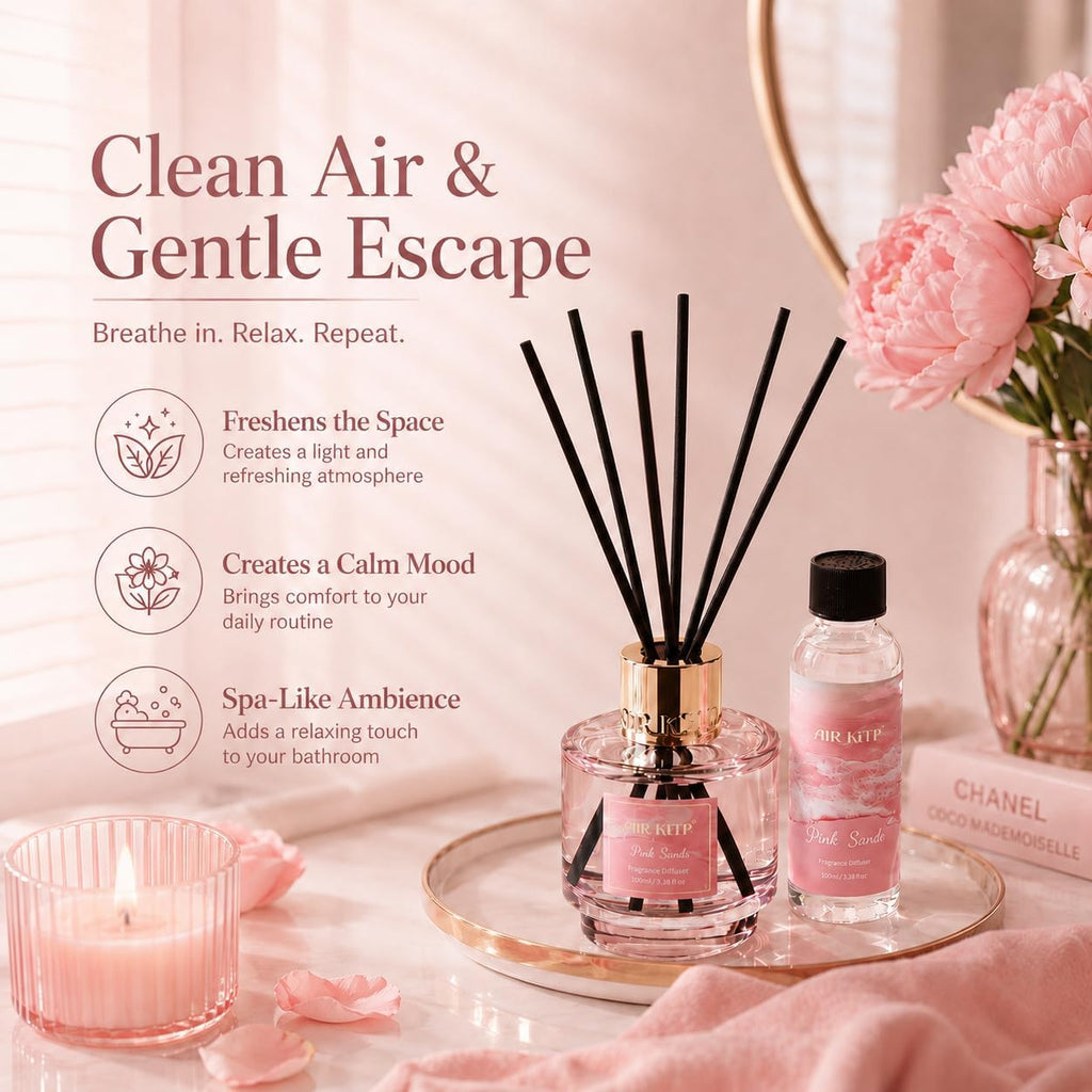 Airkeep Reed Diffuser Set with Refill & 8 Reed Sticks, 6.96 fl oz Pink Sands Home Fragrance, Long Lasting Aromatherapy Diffuser for Bedroom, Bathroom & Living Room