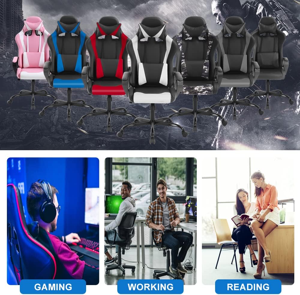 Ergonomic Gaming Chair, High Back PU Leather Office Chair with Adjustable Lumbar Support & Headrest – Swivel Computer Desk Chair for Adults, Teens, Kids – Heavy Duty Executive Red Game Chair-Red