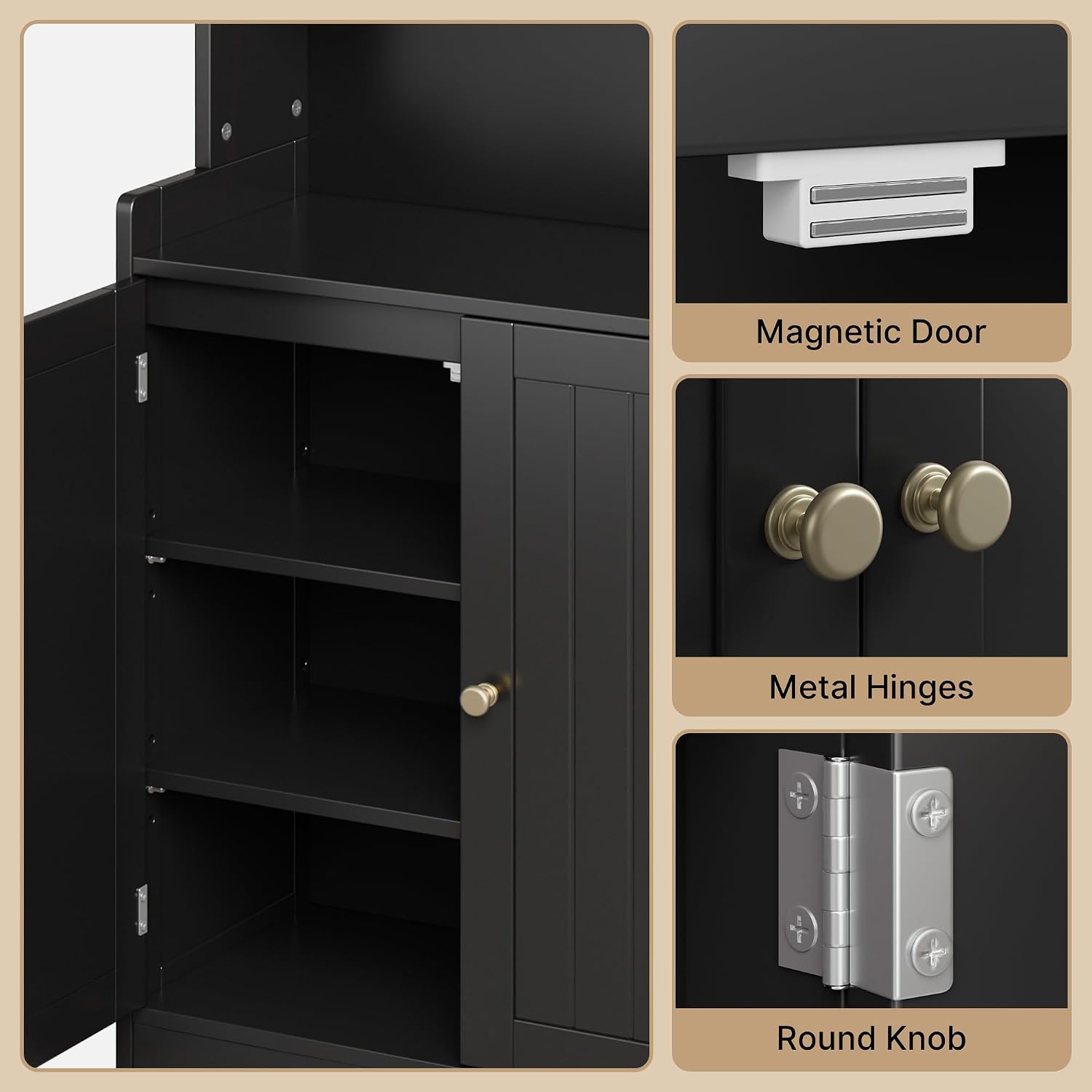 Gizoon Small Bathroom Storage Cabinet, Freestanding Organizer with 2 Doors, 2 Adjustable Shelves, 40" H Floor Pantry Cabinet for Dining Room, Kitchen, Living Room, Hallway, Black