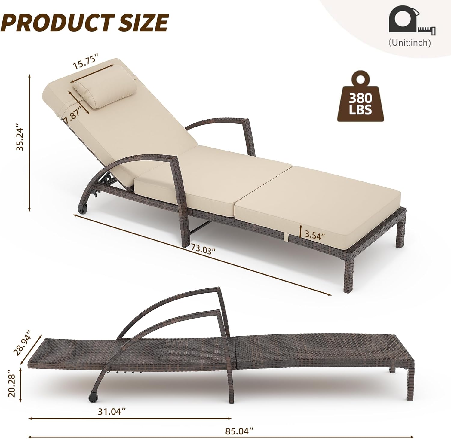 Outdoor Lounge Chairs Set of 2, Pool Lounge Chairs for Outside Patio Furniture, Outdoor PE Rattan Wicker Patio Chaise with 5-Positions Adjustable for Poolside, Deck,Beige
