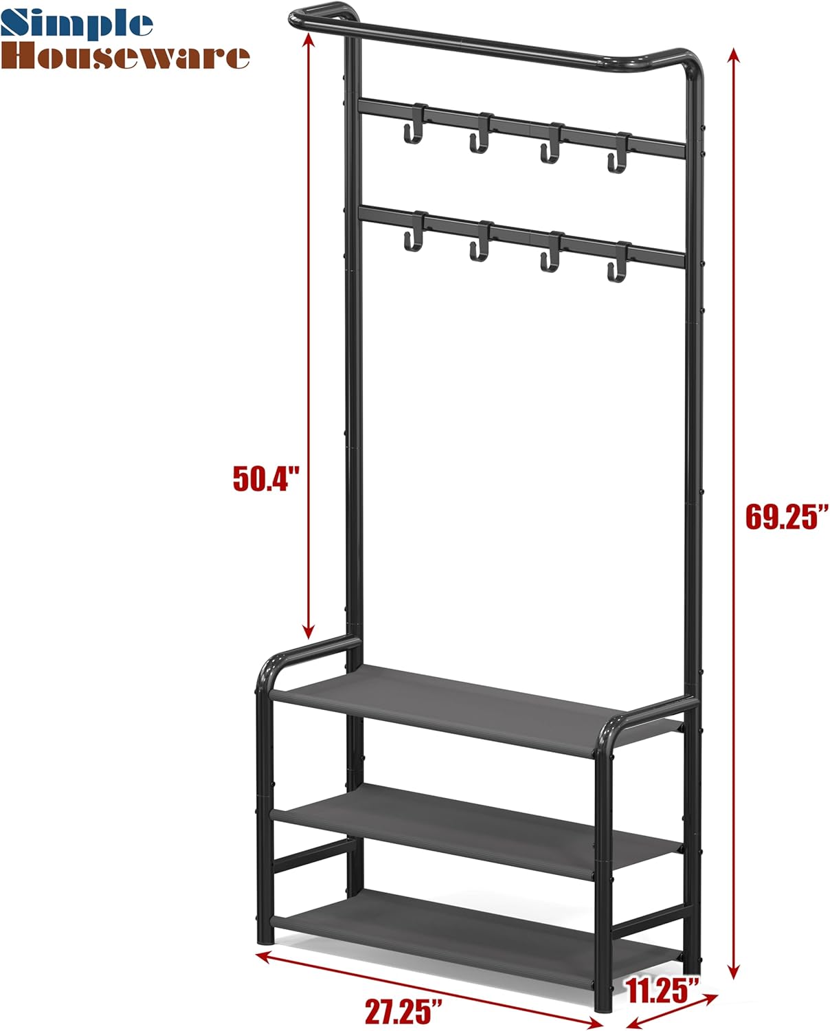 Simple Houseware Coat Rack with Storage Shelf, Freestanding Hall Tree with Hooks for Entryway, Bedroom, Office, Black Metal Clothes Hanger Stand for Coats, Hats, Jackets, Bags - Black