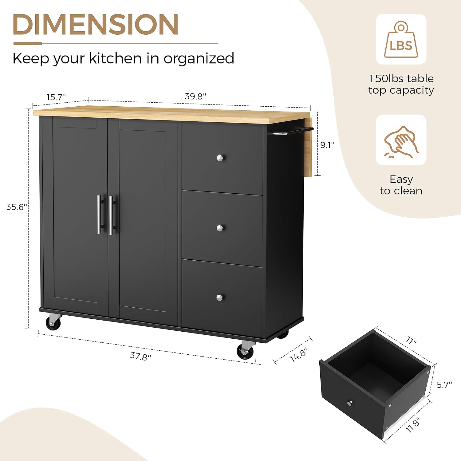 JY QAQA 40" Kitchen Island Cart Furniture cart on Wheels Rolling Portable Dining Room Serving Utility Carts Mobile Movable with Drawers Cabinet,Black