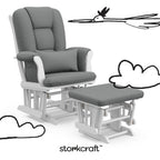Storkcraft Tuscany Custom Glider and Ottoman with Free Lumbar Pillow (White/Grey) - Cleanable Upholstered Comfort Rocking Nursery Chair with Ottoman