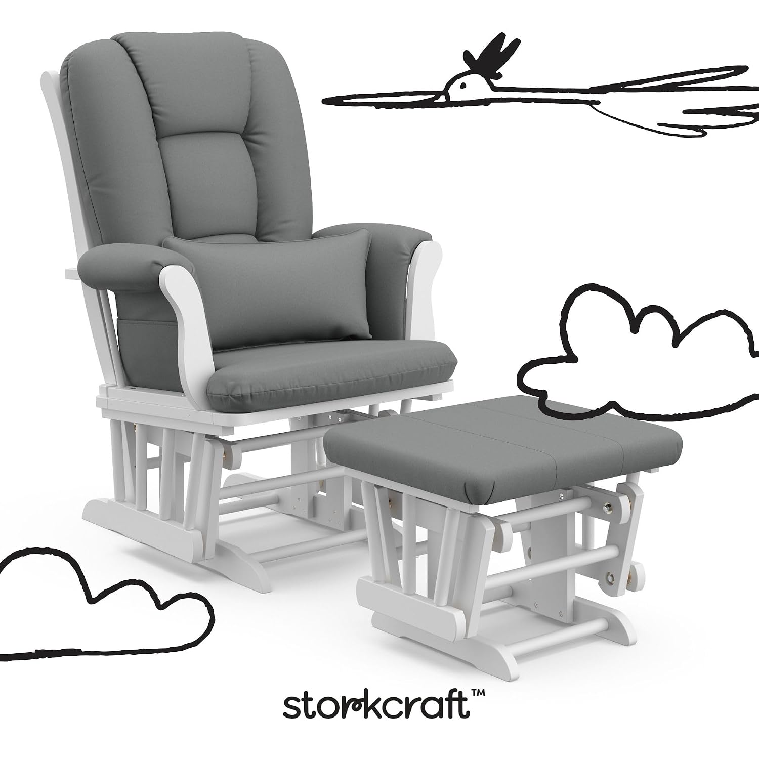 Storkcraft Tuscany Custom Glider and Ottoman with Free Lumbar Pillow (White/Grey) - Cleanable Upholstered Comfort Rocking Nursery Chair with Ottoman