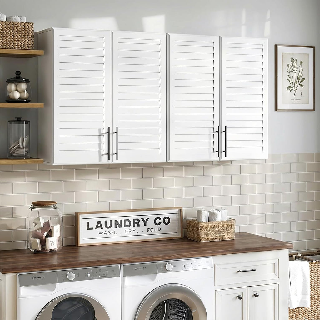 Furnaza 60" W Laundry Room Wall Cabinet with Shutter Style Doors, Wall Mounted Storage Cabinet with Adjustable Shelf, Upper Storage for Laundry Room, Bathroom, Kitchen,White