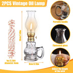 2PCS Chamber Oil Lamp Glass Kerosene Oil Lamps, Vintage Oil Lamps for Indoor, Home Lighting Hurricane Lamp Clear Kerosene Lamp Lantern, Oil Lantern for Tabletop Decor