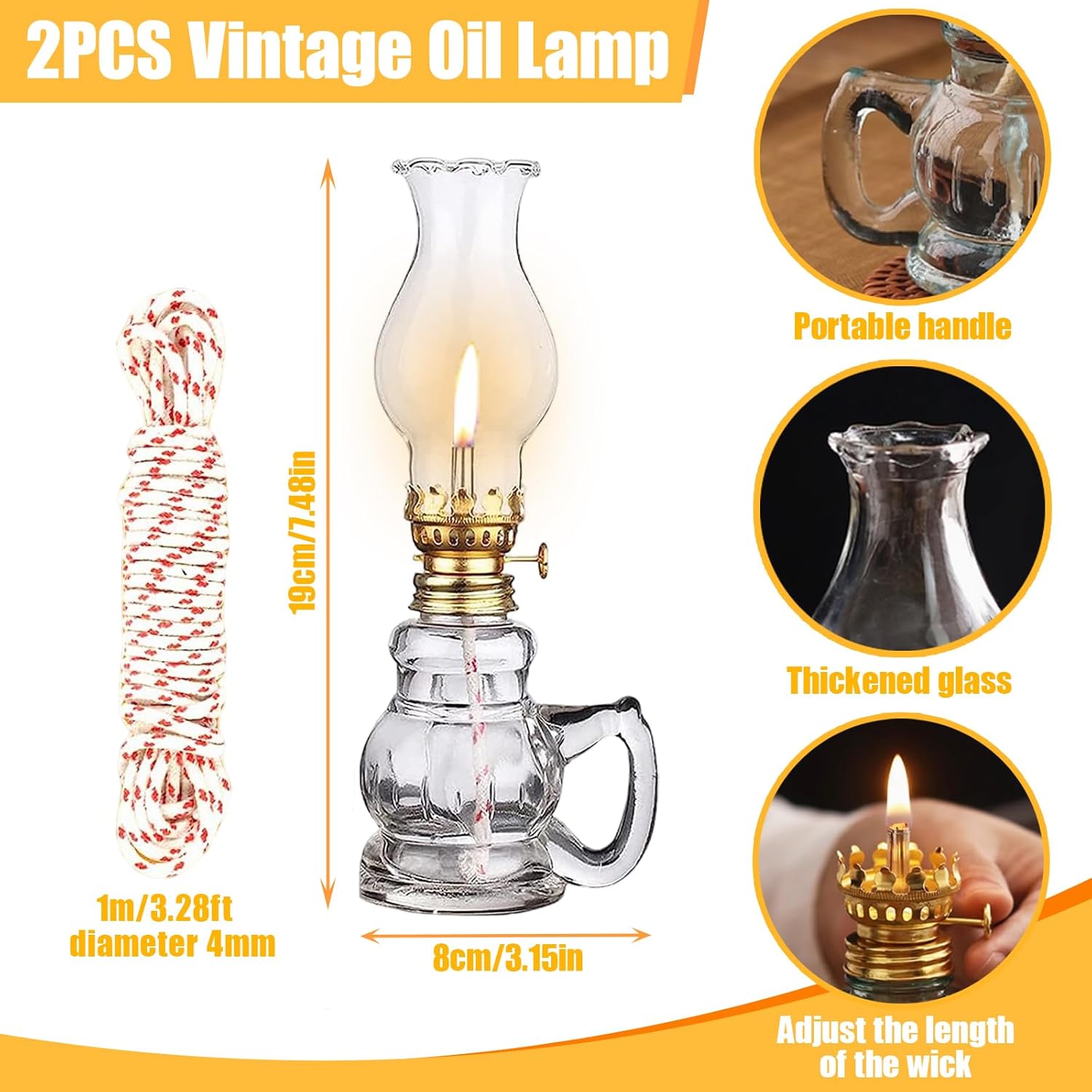 2PCS Chamber Oil Lamp Glass Kerosene Oil Lamps, Vintage Oil Lamps for Indoor, Home Lighting Hurricane Lamp Clear Kerosene Lamp Lantern, Oil Lantern for Tabletop Decor
