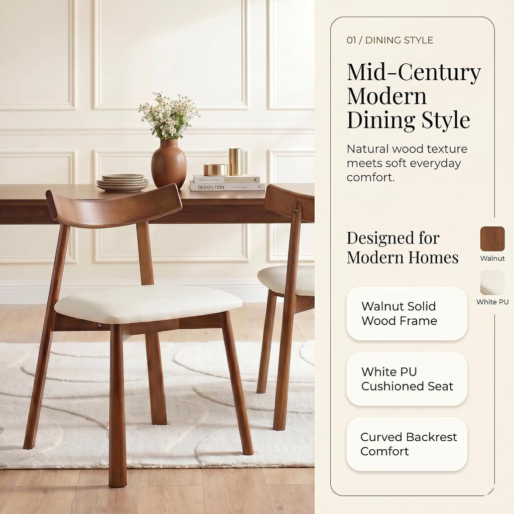 Dining Chairs Set of 2, Walnut Solid Wood Kitchen Chairs with White PU Leather Padded Seat, Curved Backrest, Mid Century Modern Armless Side Chairs for Dining Room, Kitchen, Living Room, Cafe