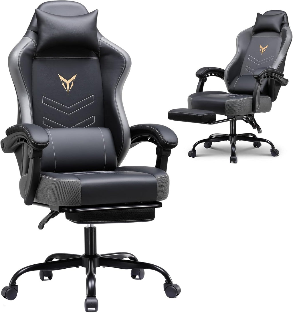 GTPLAYER Gaming Chair with Footrest, Recliner Chair with Headrest & Lumbar Support, Linkage Armrest, Ergonomic Gaming Chair 350lbs, High Back Office Home, Grey