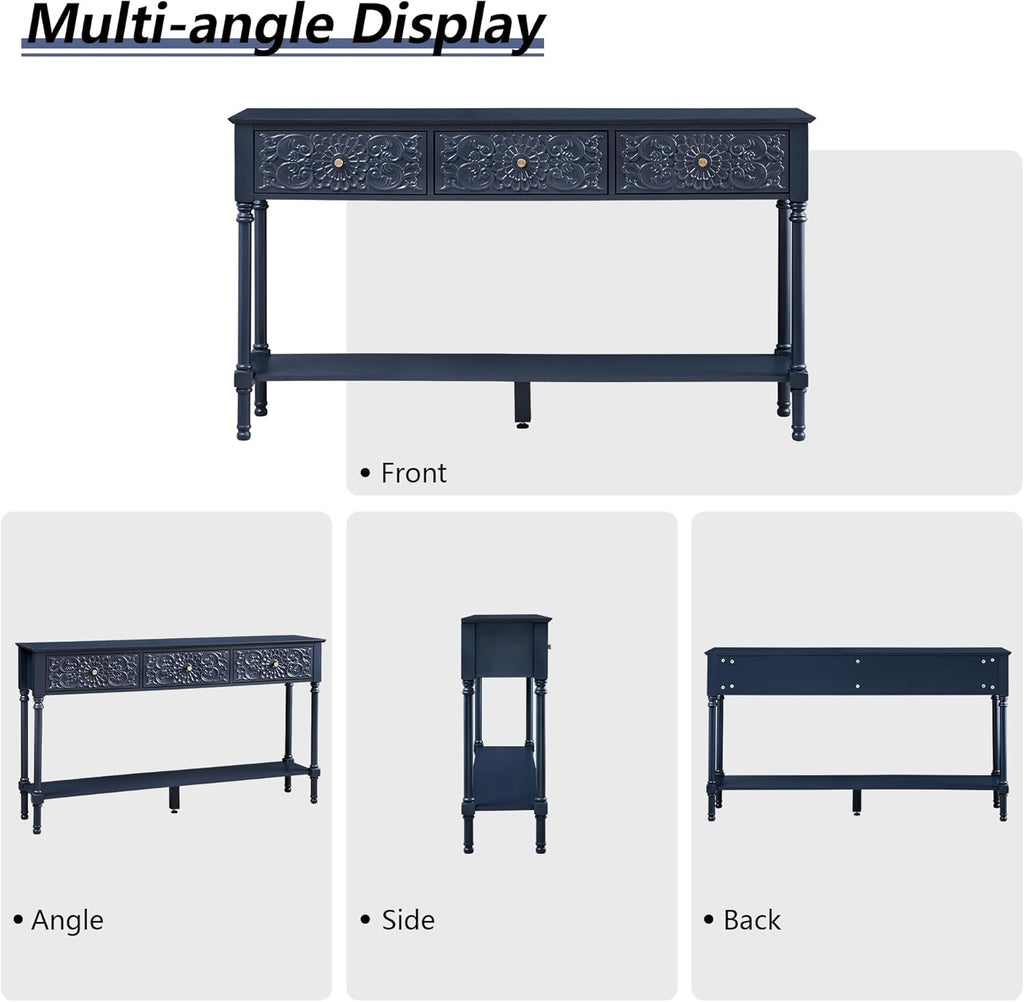 weselon 55.5" Carved Console Table with 3 Drawers, 2-Tier Sofa Table with Glossy Floral Surface and Solid Wood Legs, Mid-Century Modern Entryway Table for Living Room Hallway (Midnight Blue)
