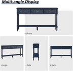 weselon 55.5" Carved Console Table with 3 Drawers, 2-Tier Sofa Table with Glossy Floral Surface and Solid Wood Legs, Mid-Century Modern Entryway Table for Living Room Hallway (Midnight Blue)