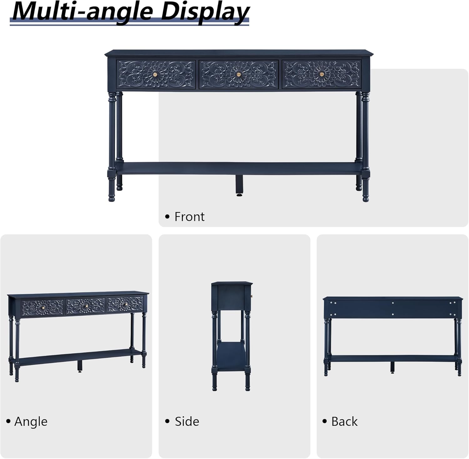 weselon 55.5" Carved Console Table with 3 Drawers, 2-Tier Sofa Table with Glossy Floral Surface and Solid Wood Legs, Mid-Century Modern Entryway Table for Living Room Hallway (Midnight Blue)