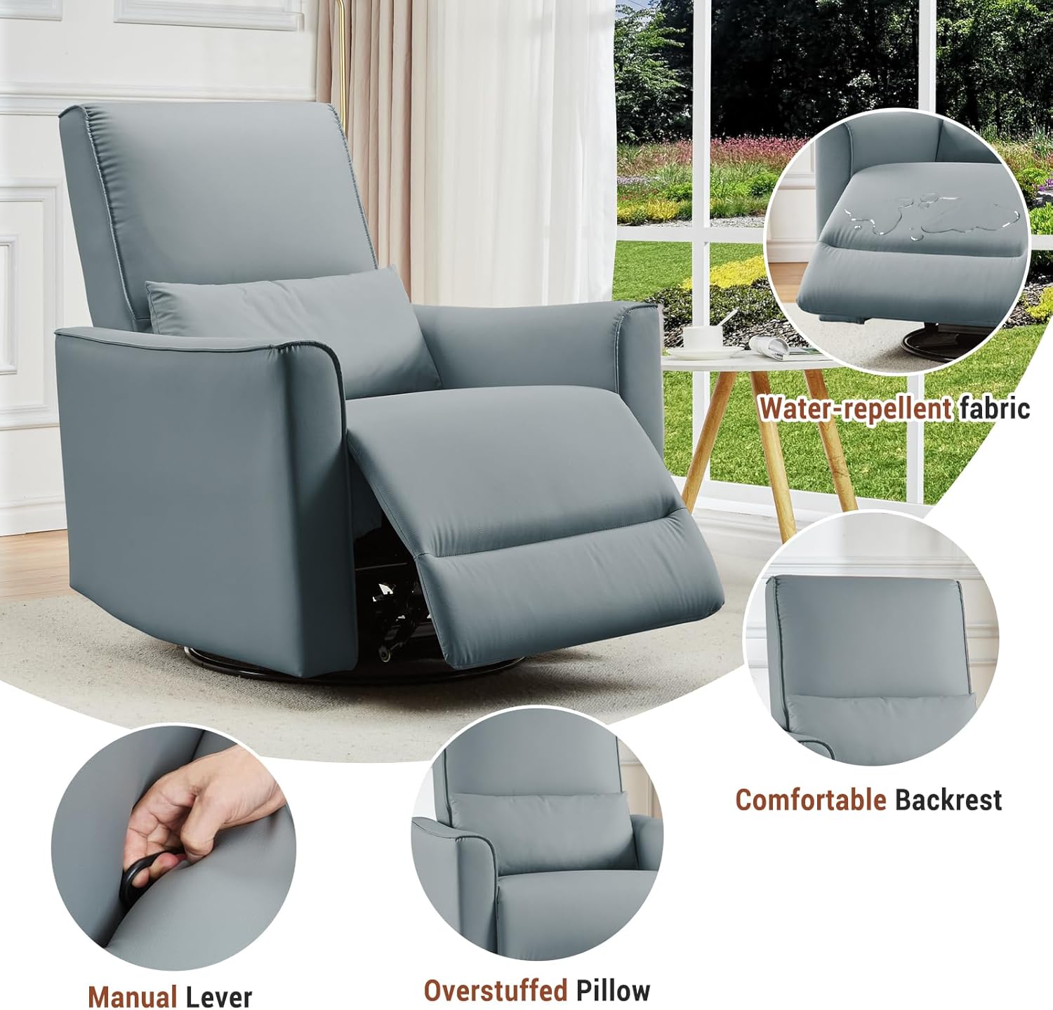 GarveeHome Swivel Rocking Recliner Chair, Upholstered Faux Leather Glider Recliner with Lumbar Support, high backrest & Padded armest, Manual Nursery Recliner for Living Room (Grey)
