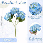 Janinka 3 Pcs Blue Artificial Hydrangea Outdoor Flowers Large Faux Hydrangea Bouquet with 3 Heads Uv-Resistant Waterproof Fake Floral for Table Centerpieces Wedding Yard Garden Decoration