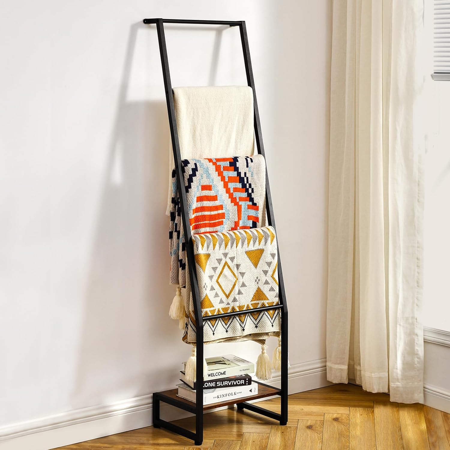 DGWJSU Blanket Ladder, 5 Tier Ladder Shelf,Wooden Blanket Ladders for Living Room and Bedroom, 5.2ft Blanket Holder Rack Farmhouse Ladder Rack for Storage and Home Decor, Rustic Brown and Black