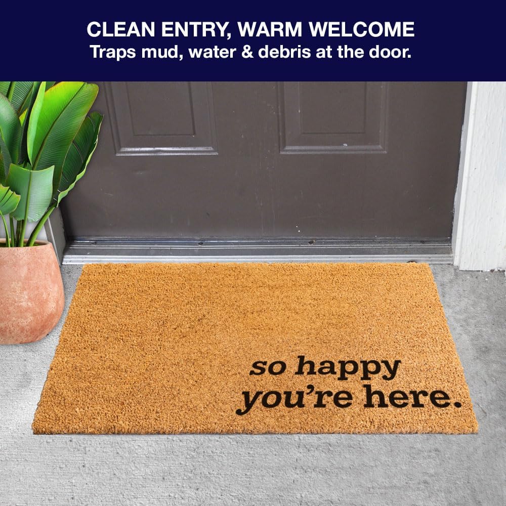 Great American Coco Coir Doormat with Heavy Duty Backing - Large 18" x 30" Non-Slip Minimalist Front Door Welcome Mat - Outside Entrance, Front Porch, Indoor Entry, Brown (Happy You're here)