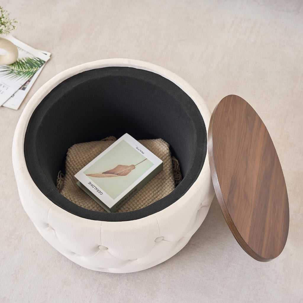 Furniliving Storage Ottoman Set of 2, Luxurious Velvet Round Ottoman with Wood Tray, Aesthetic Coffee Table with Foot Stool for Living Room, Beige