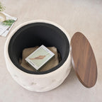 Furniliving Storage Ottoman Set of 2, Luxurious Velvet Round Ottoman with Wood Tray, Aesthetic Coffee Table with Foot Stool for Living Room, Beige
