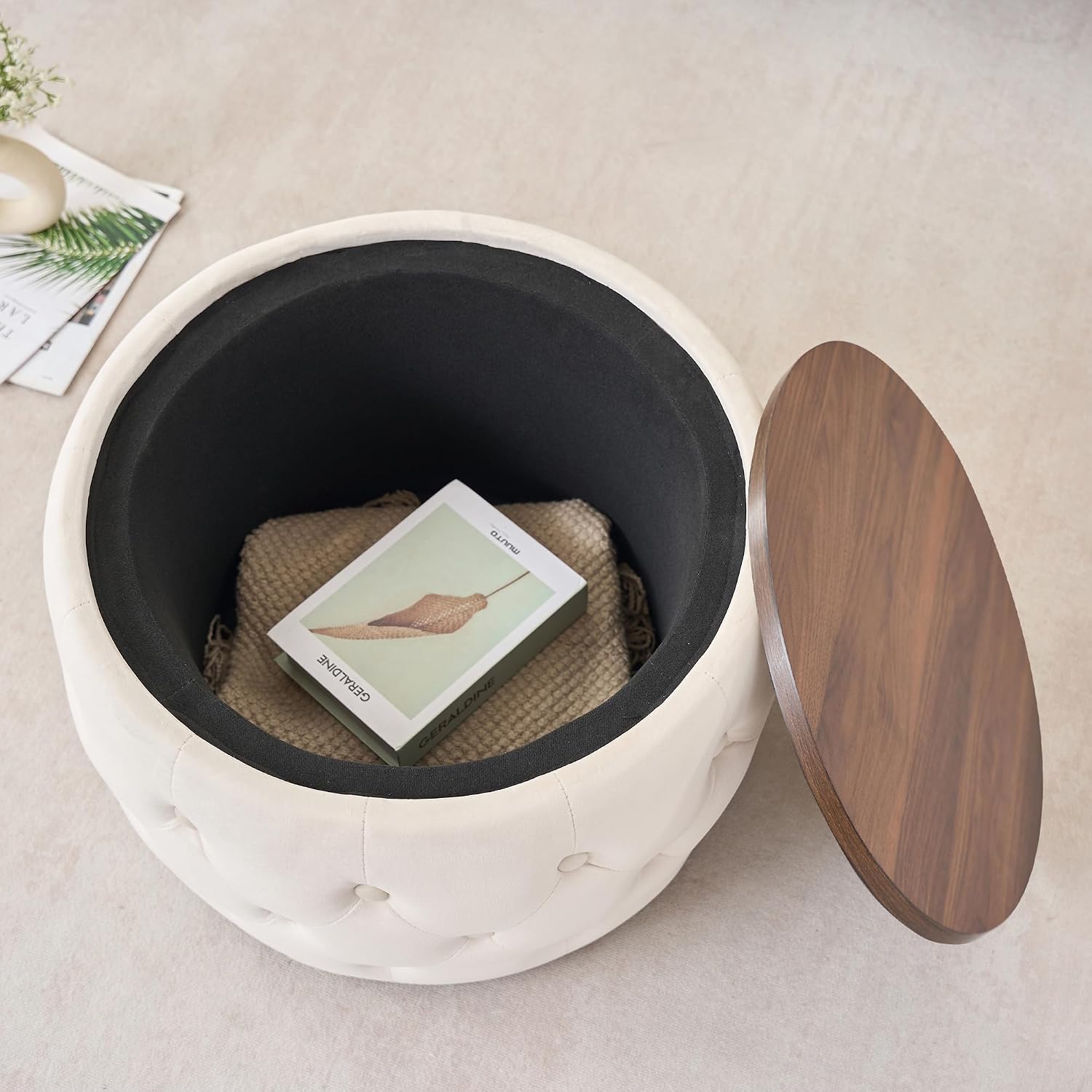 Furniliving Storage Ottoman Set of 2, Luxurious Velvet Round Ottoman with Wood Tray, Aesthetic Coffee Table with Foot Stool for Living Room, Beige
