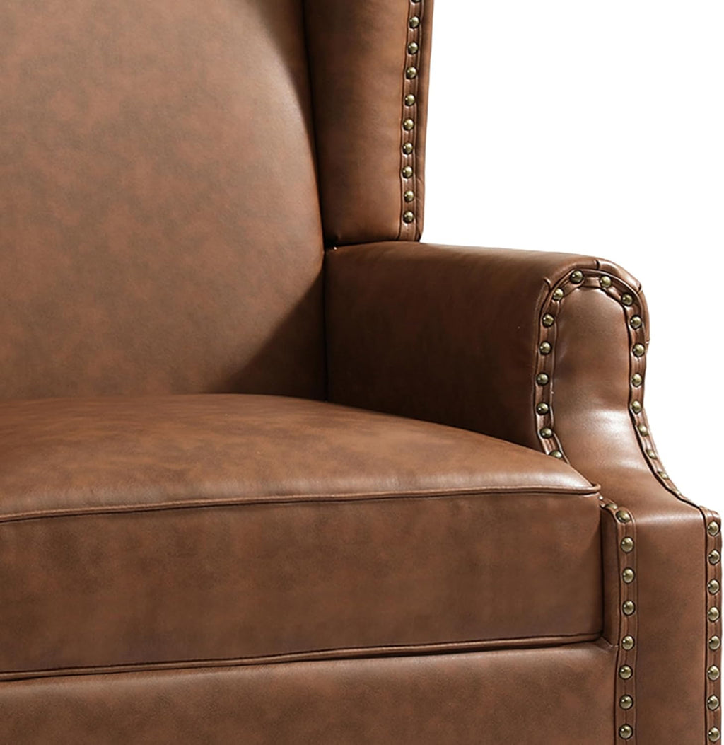 High Back Accent Chair, Faux Leather Wingback Chair Upholstered Armchair for Living Room, Retro Comfy Single Sofa Bedroom Reading Seat with Solid Wood Legs - Brown