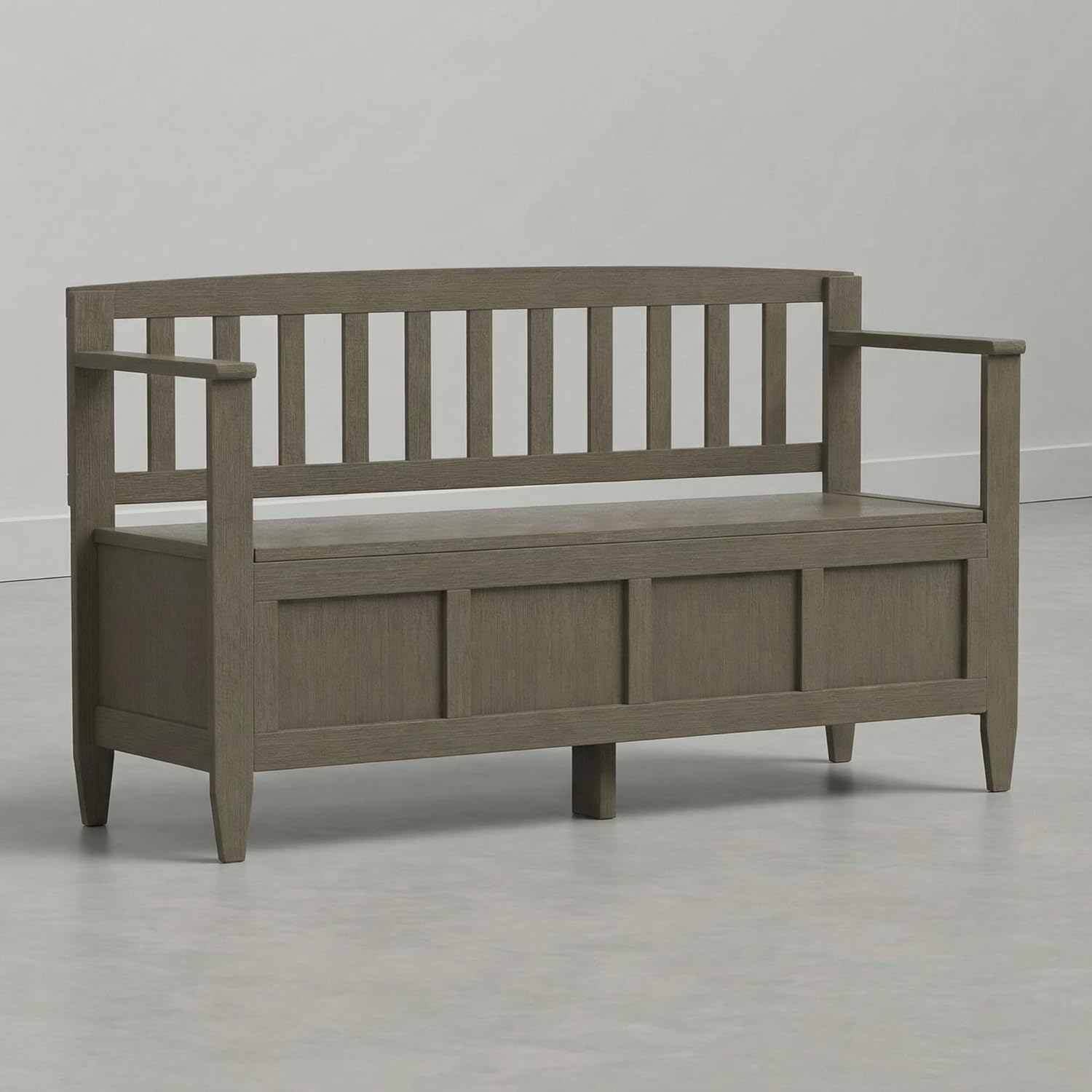 SIMPLIHOME Brooklyn Entryway Storage Bench - 48 inch Wide Solid Wood Storage Seat in Aged Grey, Contemporary Bench for Entryway or Living Room with Lift-Up Lid and Slatted Backrest