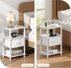 Bedroom Nightstand with Charging Station, Bedside Table with Adjustable Fabric Drawer, 3-Tier Night Table, 2-Min Installation Without Tools, Bedroom Side Table, White