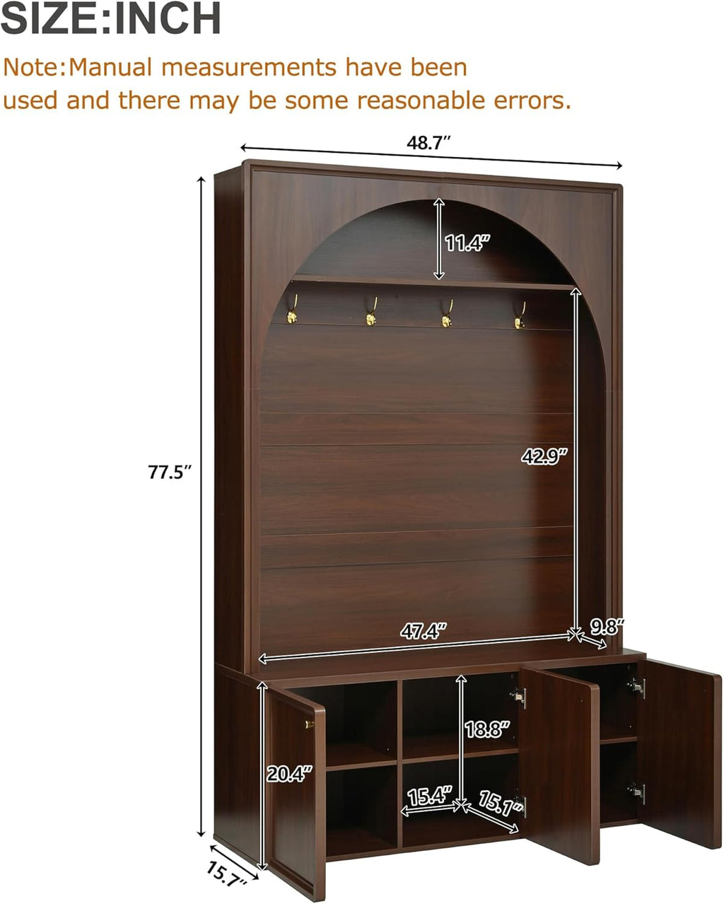 LUMISOL 77" Entryway Hall Tree with Bench and Coat Rack, Hall Tree Bench with Shoe Storage, 4 Hooks, Shelf, Wooden Style Coat Rack for Living Room, Mudroom, Arched Design, Walnut