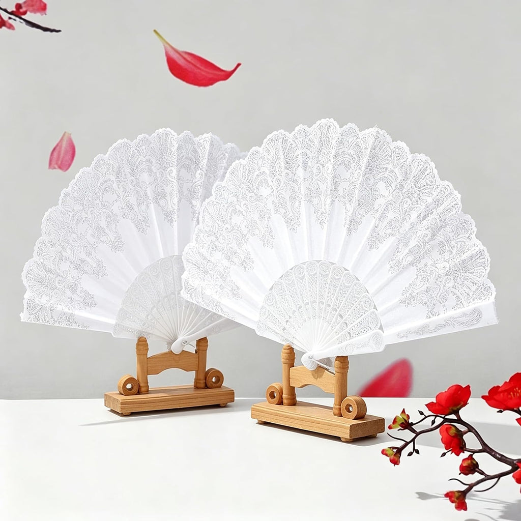 2PCS 9.05in White Lace Folding Hand Fan, Vintage Floral Handheld Fan for Wedding Bridal, Photo Prop, Party Dance, Decorative Cooling Fan,White