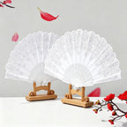 2PCS 9.05in White Lace Folding Hand Fan, Vintage Floral Handheld Fan for Wedding Bridal, Photo Prop, Party Dance, Decorative Cooling Fan,White