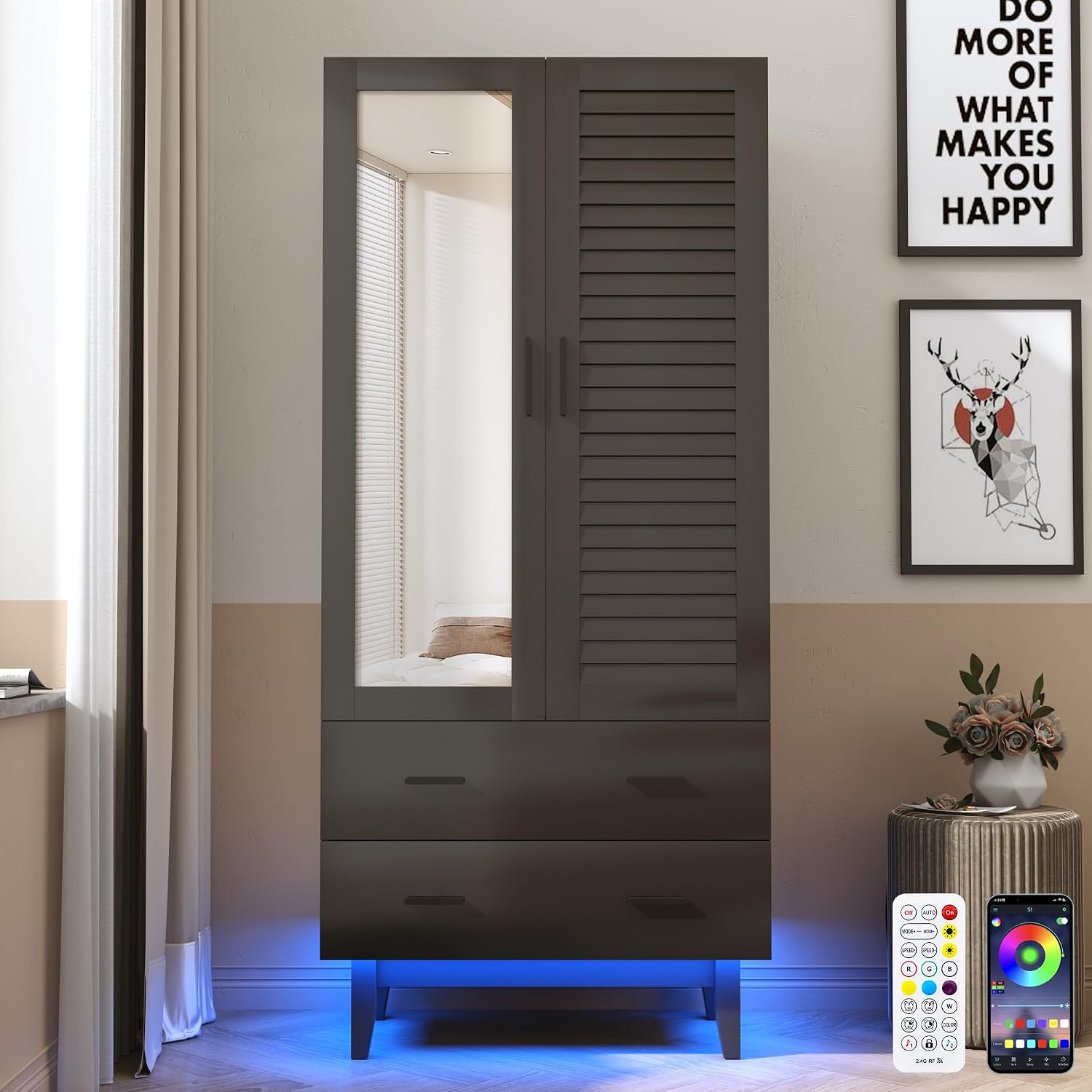 Hlivelood 2 Door Armoire Wardrobe Closet Cabinet with Mirror, Drawers and LED Lights, Multi-Tier Shelves, Hanging Rod & 2 Louver Doors, Large Capacity Storage Wardrobe Armoire for Bedroom, Black