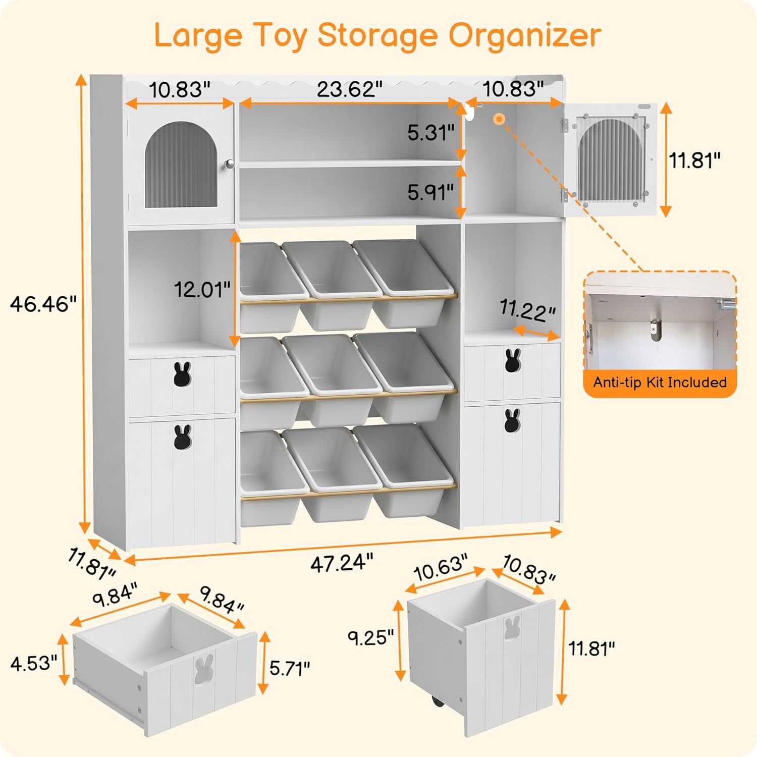 46.46" H Kids Toy Storage Organizer,Toy Chest with Book Shelf,Toy Bins,Storage Cubbies,Drawer and Rolling Cubbies,Easy Access and Clean,Space Saving for Playroom,Bedroom,Living Room (White)