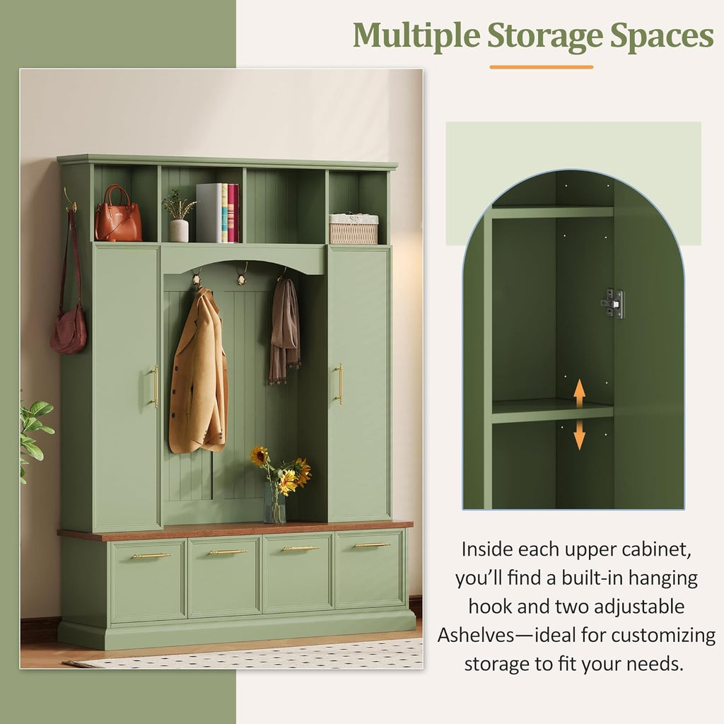 LUMISOL 4-in-1 Hall Tree with Golden Hooks & Handles, Entryway Bench with Adjustable Shelves, 76.7”H Farmhouse Style Coat & Shoe Rack for Mudroom, Green