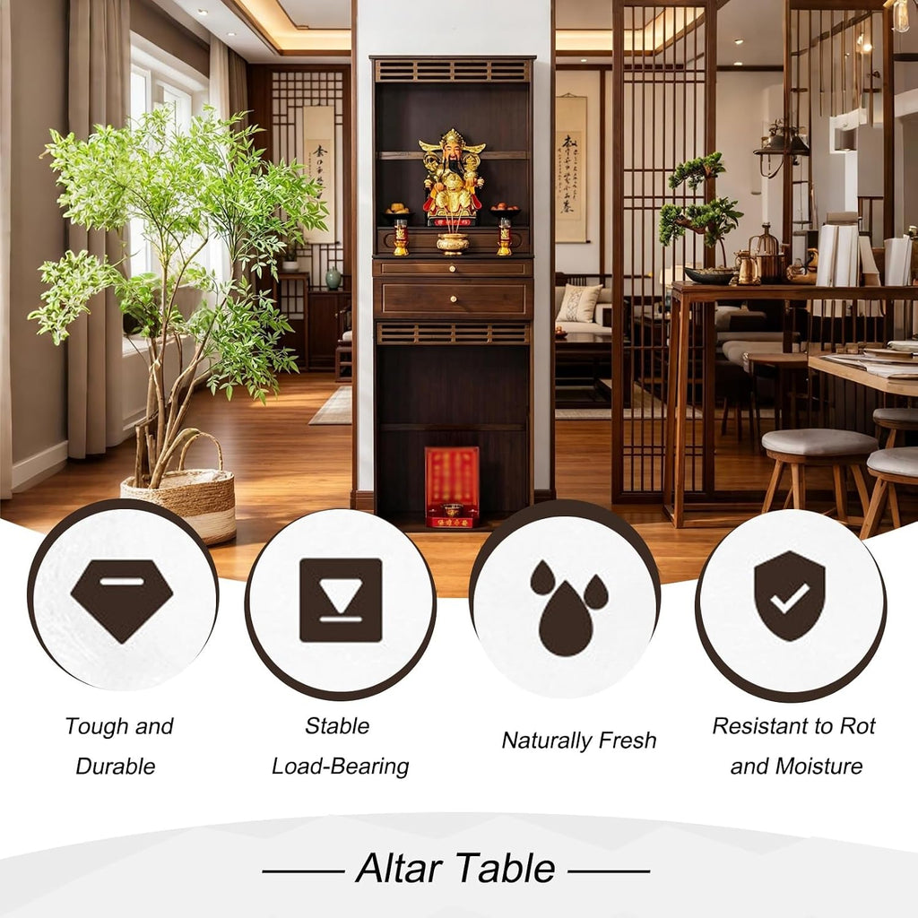Altar Table, Freestanding Bamboo Storage Cabinet with Drawers, Floor-Standing Wooden Display Table with Shelves, for Living Rooms, Shrines, Temples(Brown,38 * 37 * 172cm/15 * 14.6 * 67.7in)