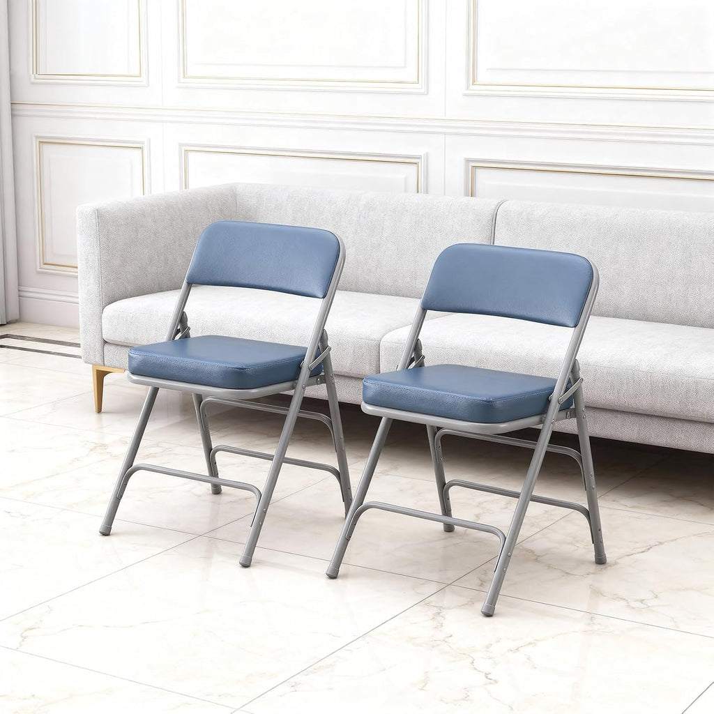Padded Folding Chair, with Thick Cushioned Seat, Portable Metal Frame Foldable Chair for Indoor & Outdoor Use, Durable and Comfortable Upholstered Chair for Home, Office, and Events - Blue