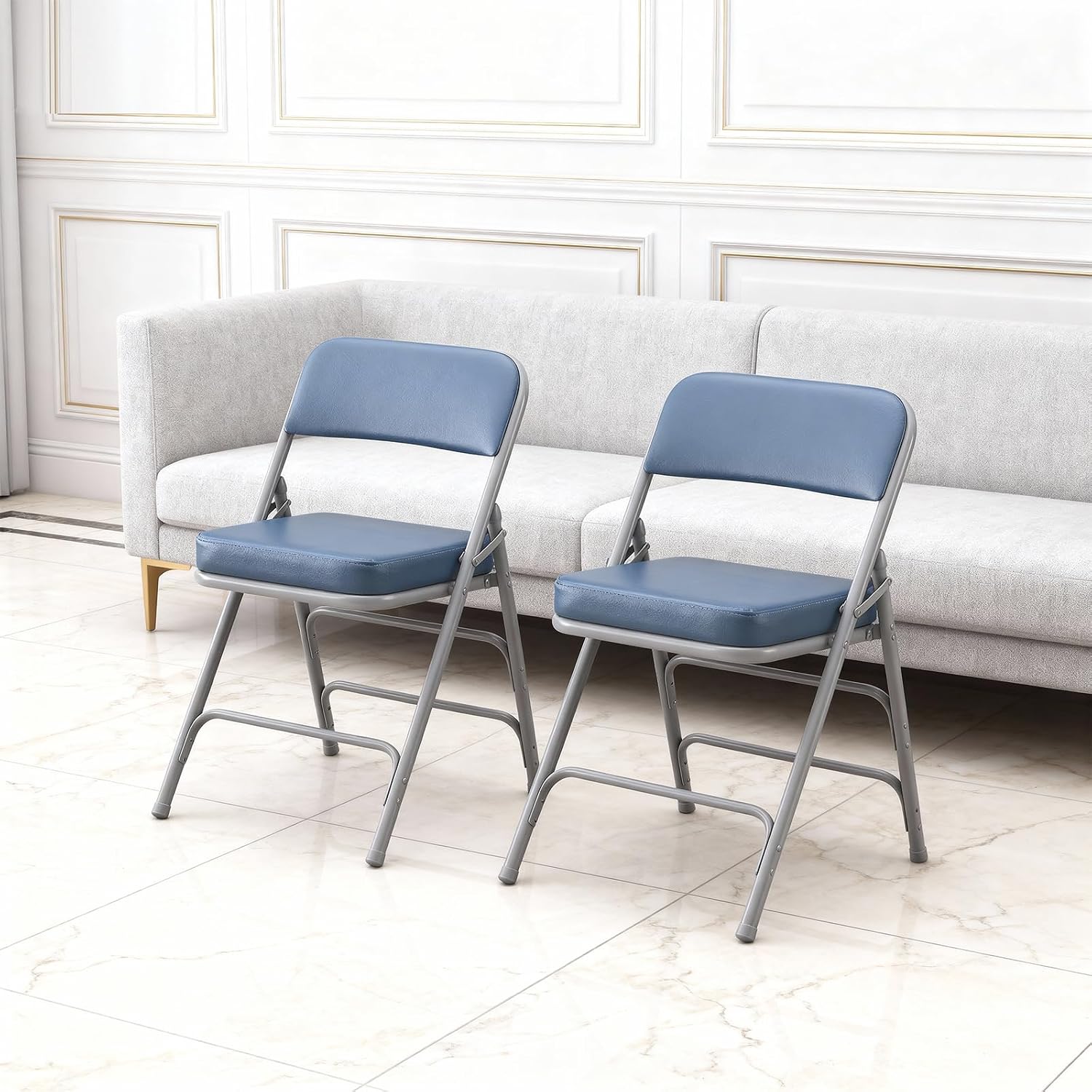 Padded Folding Chair, with Thick Cushioned Seat, Portable Metal Frame Foldable Chair for Indoor & Outdoor Use, Durable and Comfortable Upholstered Chair for Home, Office, and Events - Blue