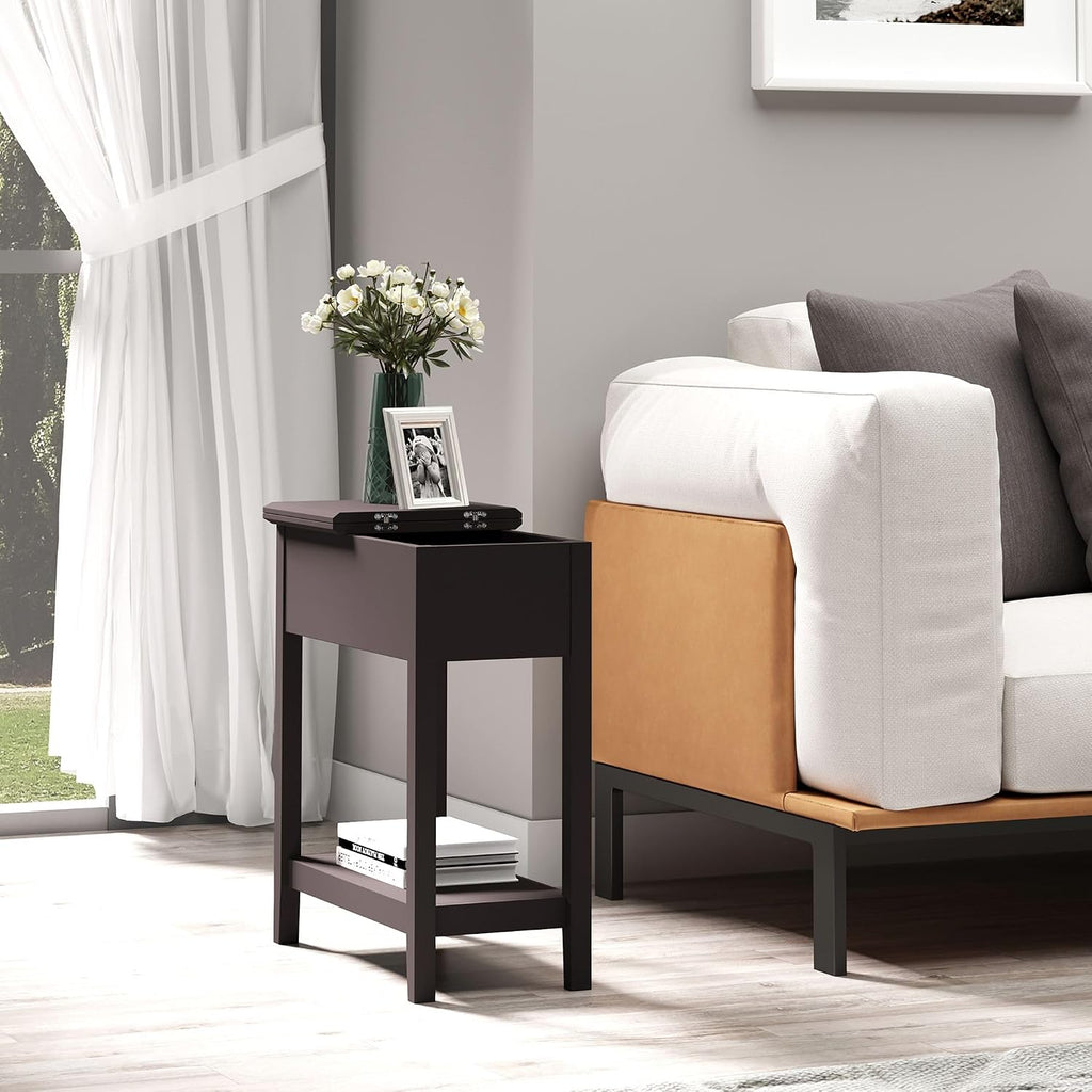 Hinge Cabinet End Table 24x18x30 possessing Bottom Shelf Durable Base Coffee Tone Finish Contemporary Appeal Premium Material