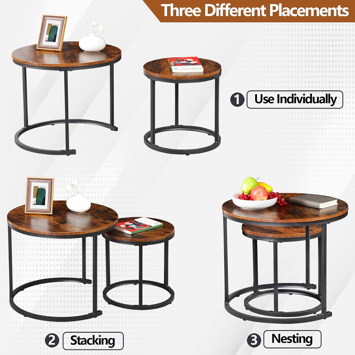 SUPER DEAL Small Round Coffee Tables for Living Room Apartment, Set of 2 Industrial Nesting Side End Table w/Wooden Surface Top and Sturdy Metal Legs Modern Table, Rustic Brown