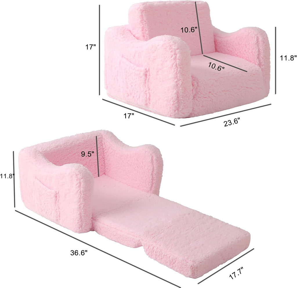 Toddler Couch 2-in-1 Flip Open Convertible Sherpa Kids Sofa Chair, Pink | LUXURY SHERPA COUCH | KIDS SOFA CHAIR | REMOVABLE MACHINE WASHABLE COVER