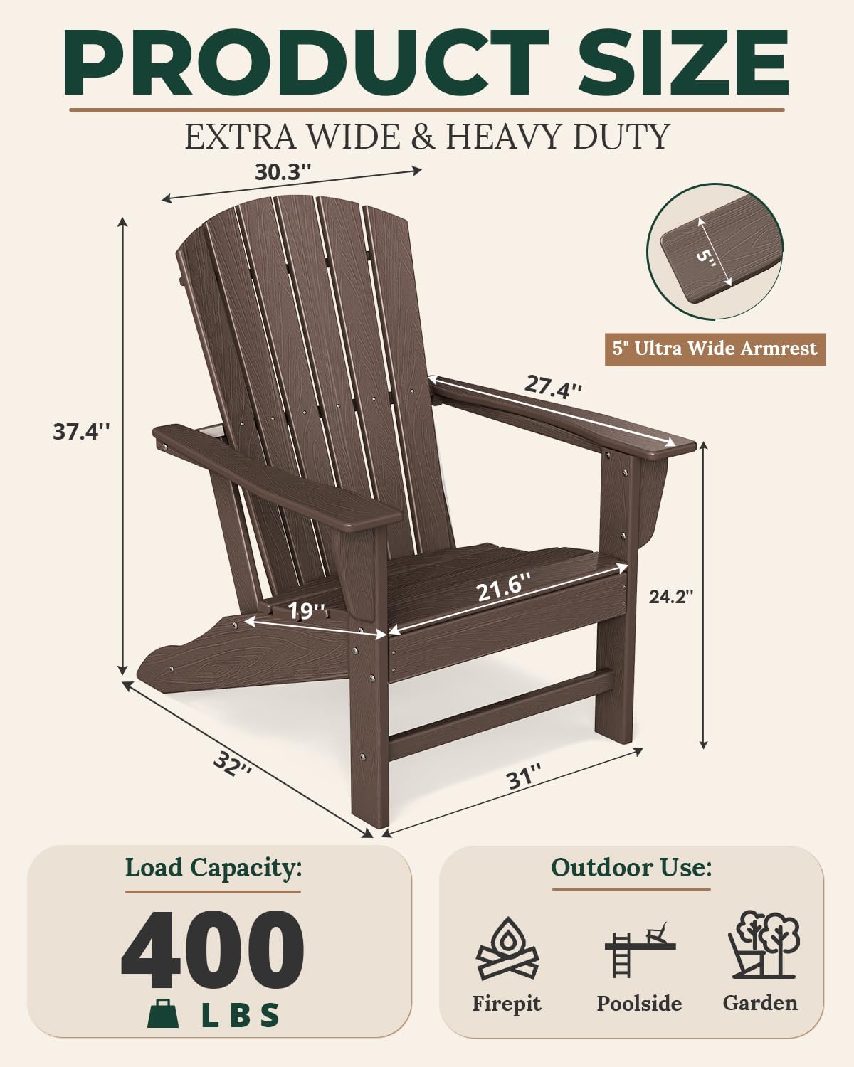 BRIOPAWS Adirondack-Chairs-Set of 2 | Brownwood Grain |Fire Pit Chair | Oversized | HDPE Plastic | Weather Resistant | for Deck Outdoor Poolside Campfire
