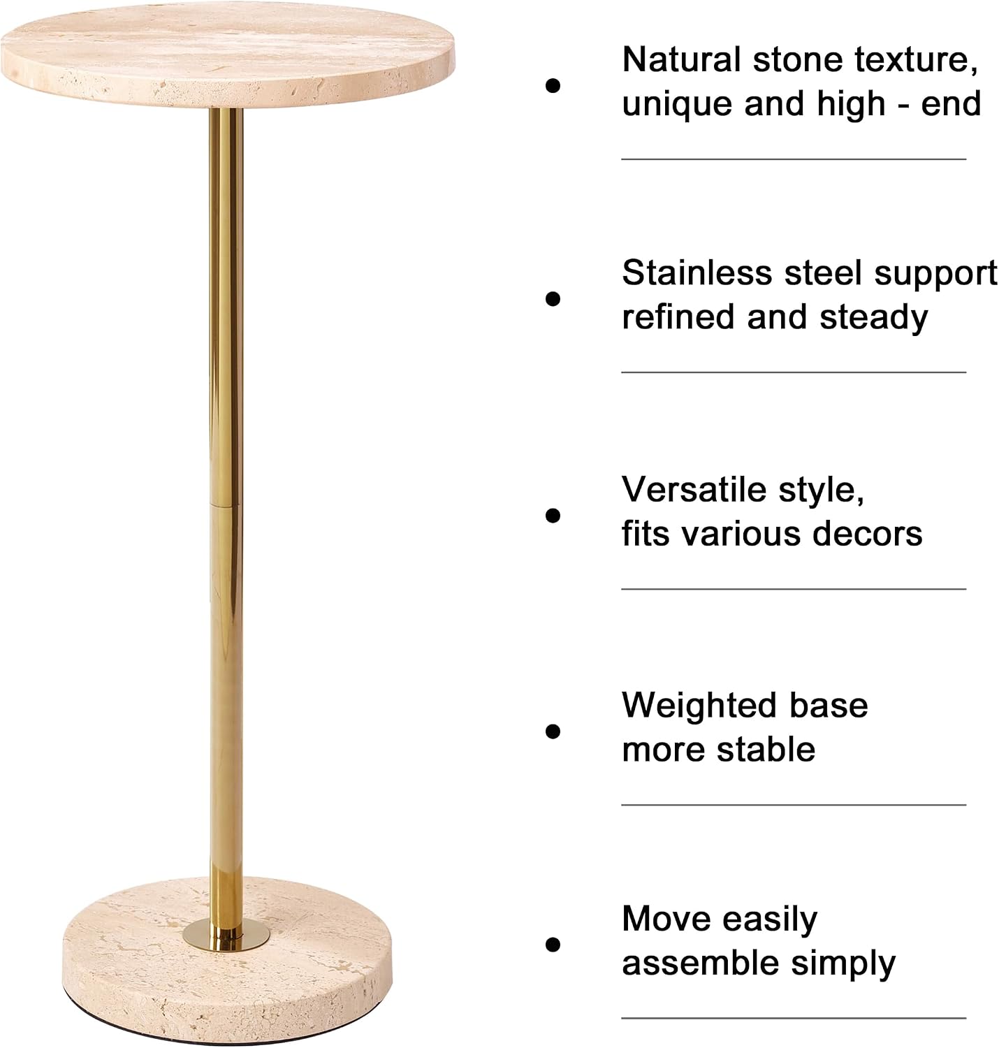 Premium Small Round Natural Marble Pedestal Side Table, End Table, Mini Drink Table with Upgraded Weighted Marble Base, for Livingroom, Bedroom, Bathroom, Balcony, Small Spaces (Beige Travertine)