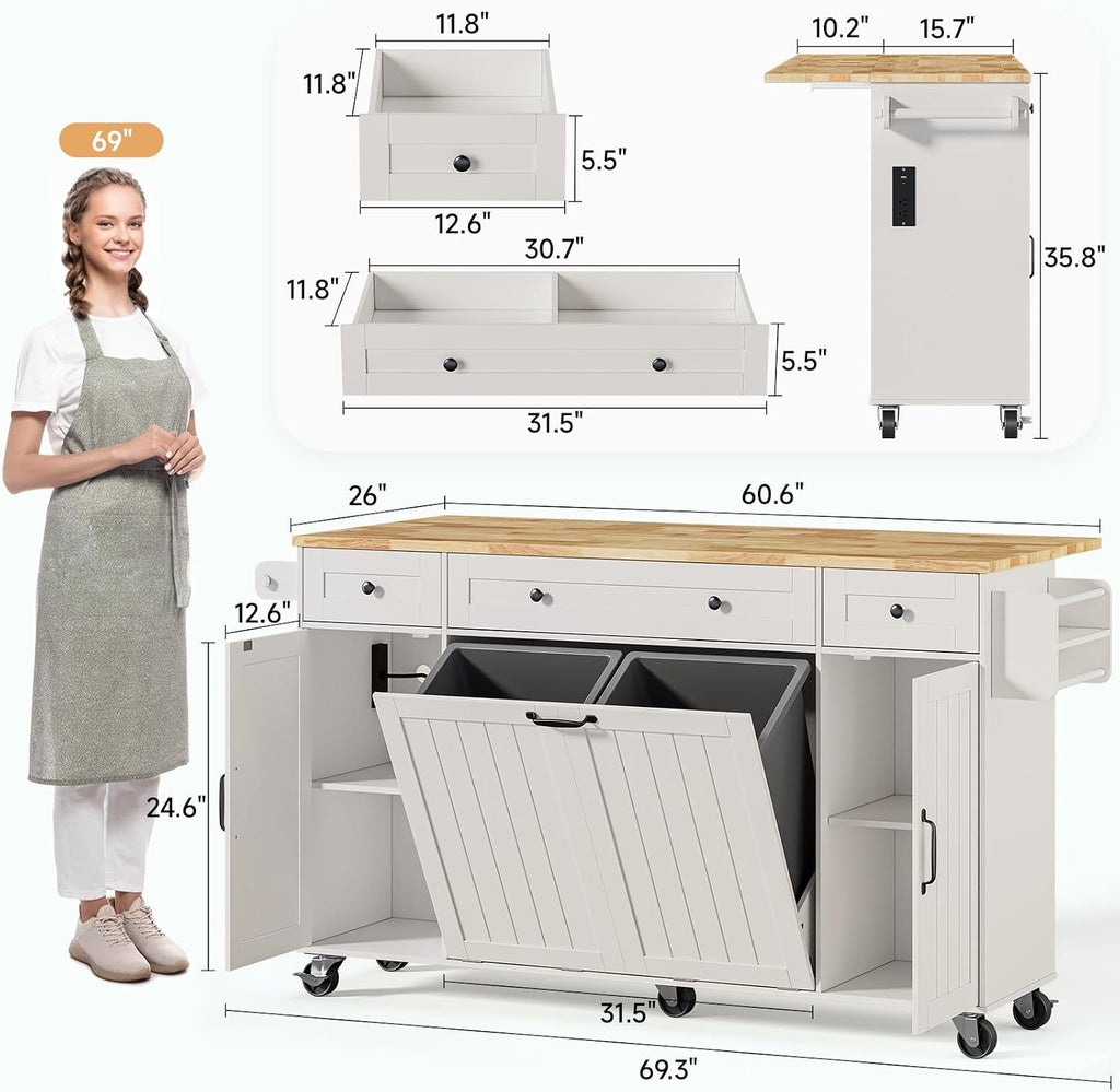ONBRILL 69" Kitchen Islands with Dual Trash Cabinets, Rolling Island Cart with Large Storage, Dining Table with Solid Wood Drop Leaf, Bar Table with Power Outlet & Spice & Towel Rack, White