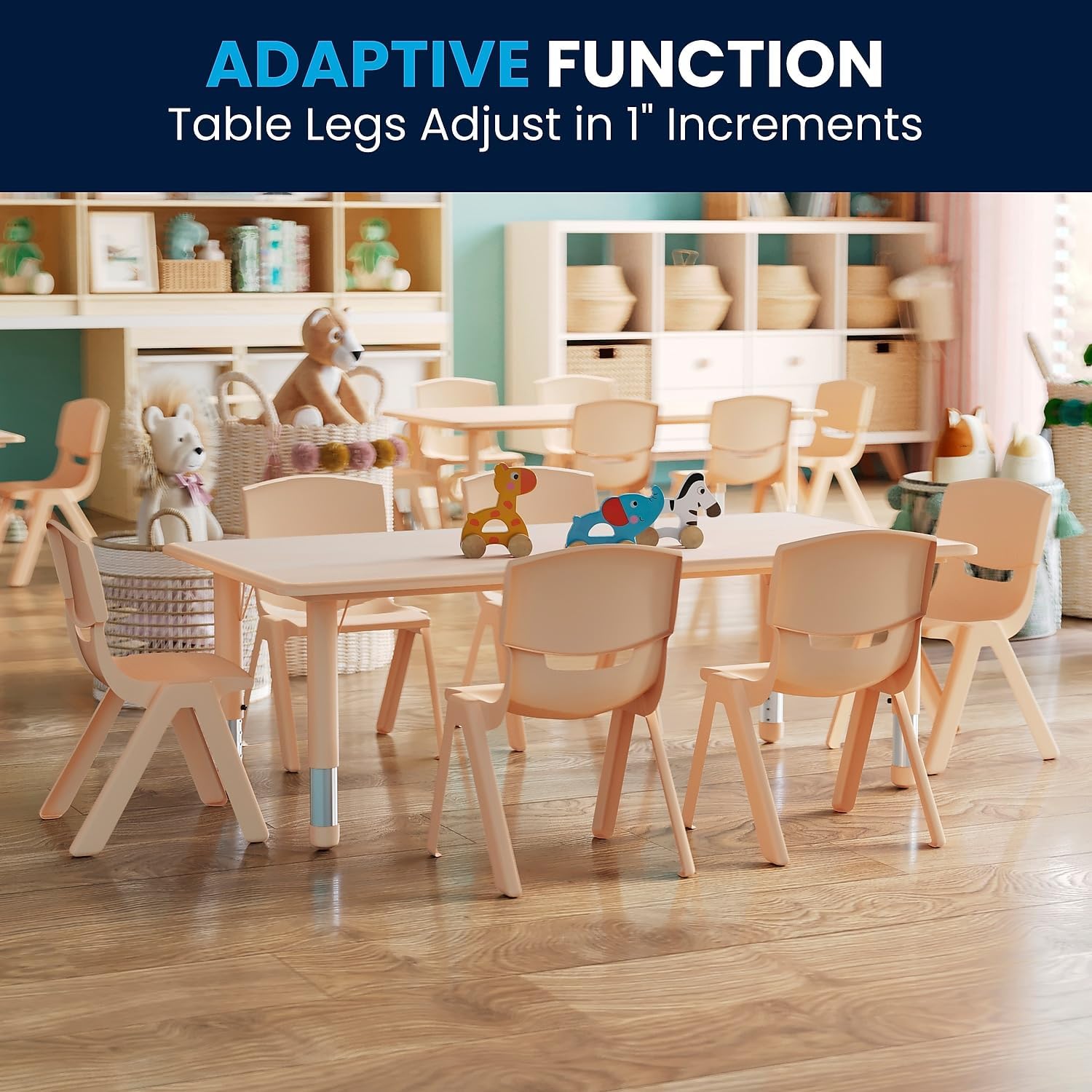 Flash Furniture Emmy Adjustable Classroom Activity Table with 6 Stackable Chairs, Plastic Activity Table for Kids, 23.625" W x 47.25" L, Natural